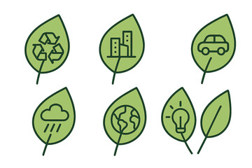 Icons illustrating sustainable living concepts on green leaves representing environmental awareness and actions for a better future