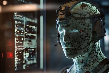 Advanced humanoid robot with digital interface in high-tech environment