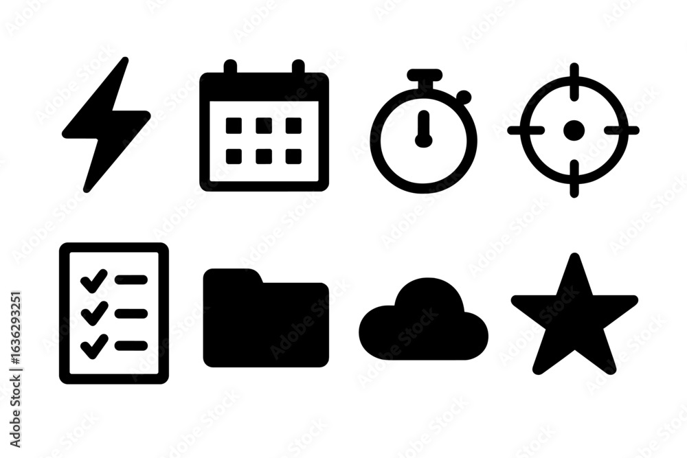 Poster icon set featuring symbols of organization and time management in minimalist black and white design 