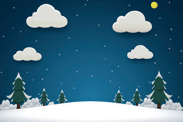 Naklejka premium Serene winter landscape featuring cartoon style snowy hills, evergreen trees, fluffy clouds, and bright sun against deep blue sky. scene evokes peaceful and joyful winter atmosphere