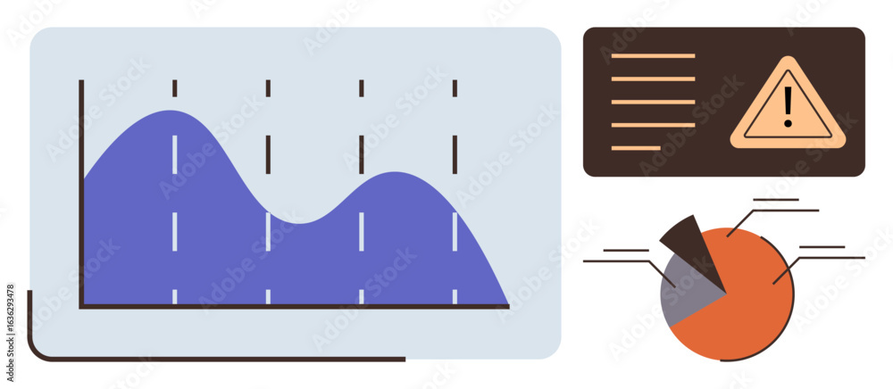 Poster line graph with trends, pie chart showing distribution, and alert panel indicating critical update. 