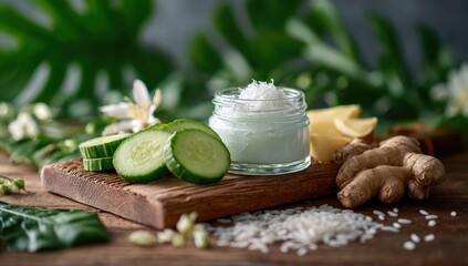 Spa skincare cream with cucumber, ginger, and rice