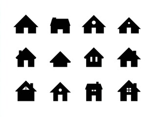 Twelve simple, black silhouette icons of houses.  Various styles, roof types, and entryways.  Suitable for a website, app, or graphic design project