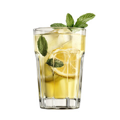 Refreshing lemonade drink in a glass with ice, lemon slices, and fresh mint garnish