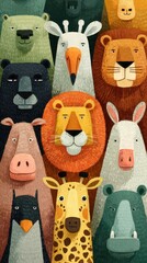 Colorful collection of cartoon animals featuring a lion, giraffe, bear, and more in a playful arrangement