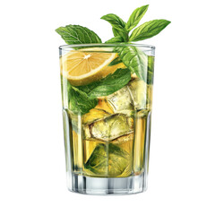 Fresh iced tea with lemon, mint, and ice cubes in a glass, refreshing drink