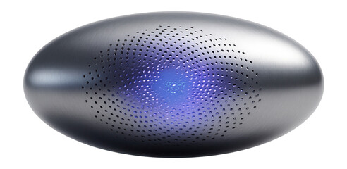 Elliptical pod with a metallic sheen and perforations revealing inner light.