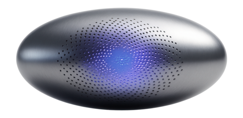 Elliptical pod with a metallic sheen and perforations revealing inner light.