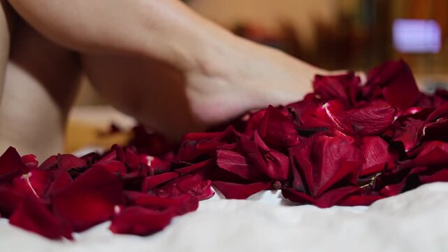 Horizontal 4K video close up. Bare female smooth shaved legs move, wiggle, lift, stir, kick red rose petals. White woman in hotel bed room. Concept of Valentine's day, wedding, marriage, love, holiday