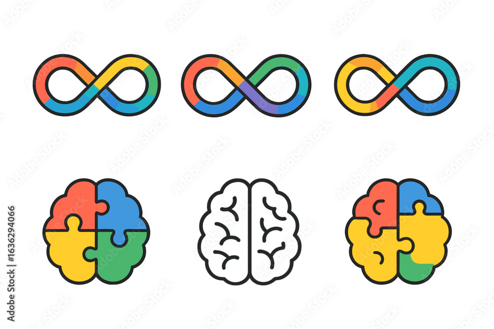 Poster colorful representations of infinite loops and brain designs illustrating concepts of creativity and