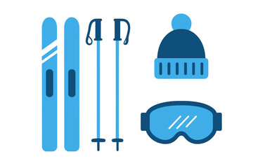 Winter sports gear collection featuring skis, poles, hat, and goggles ready for outdoor adventure in snowy mountains
