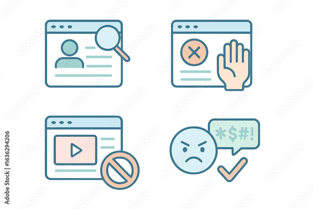 Aufkleber guidelines for safe online browsing with icons illustrating privacy concerns and user frustrations