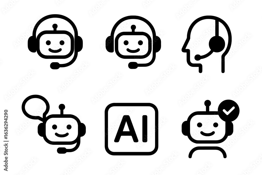 Poster variety of chatbot icons showcasing different expressions and functionalities for customer support a