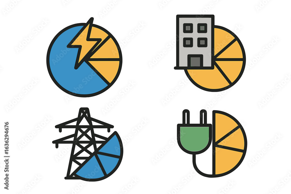 Poster visual elements representing energy sources and infrastructure in a simplified illustrative format