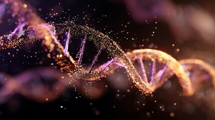 Fragment of golden DNA helix with purple accents dissolving into glowing particles on dark backdrop