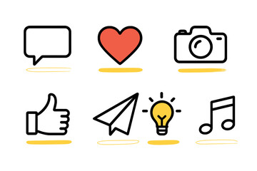 Various colorful icons representing communication, love, photography, and creativity displayed on a white background © icon_art