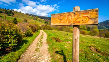 Scenic mountain path signpost with year 2025