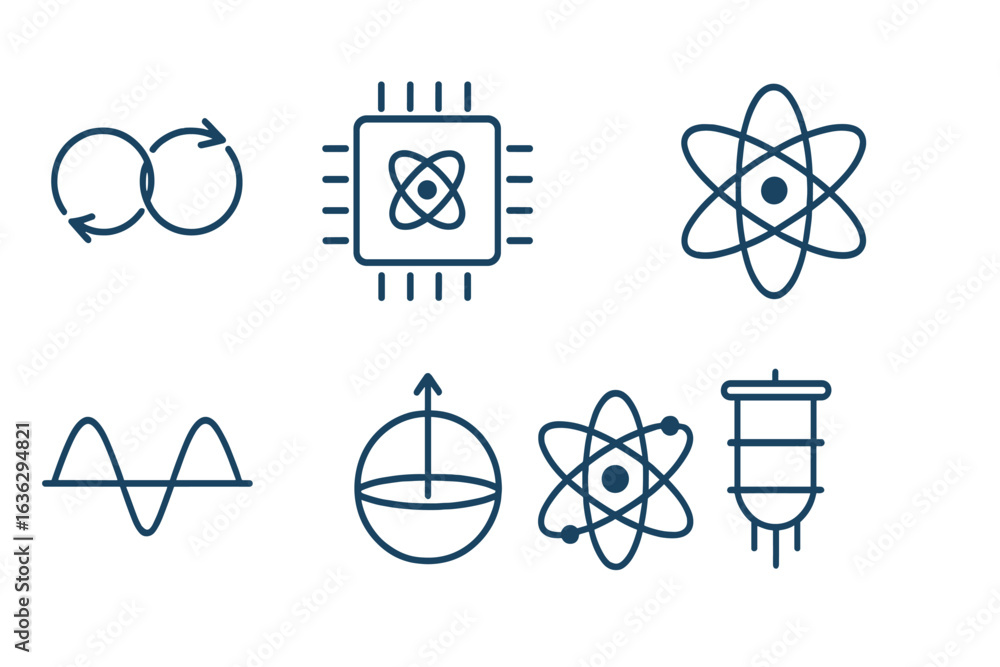 Poster exploring fundamental concepts of physics through illustrations including atomic structures and wave
