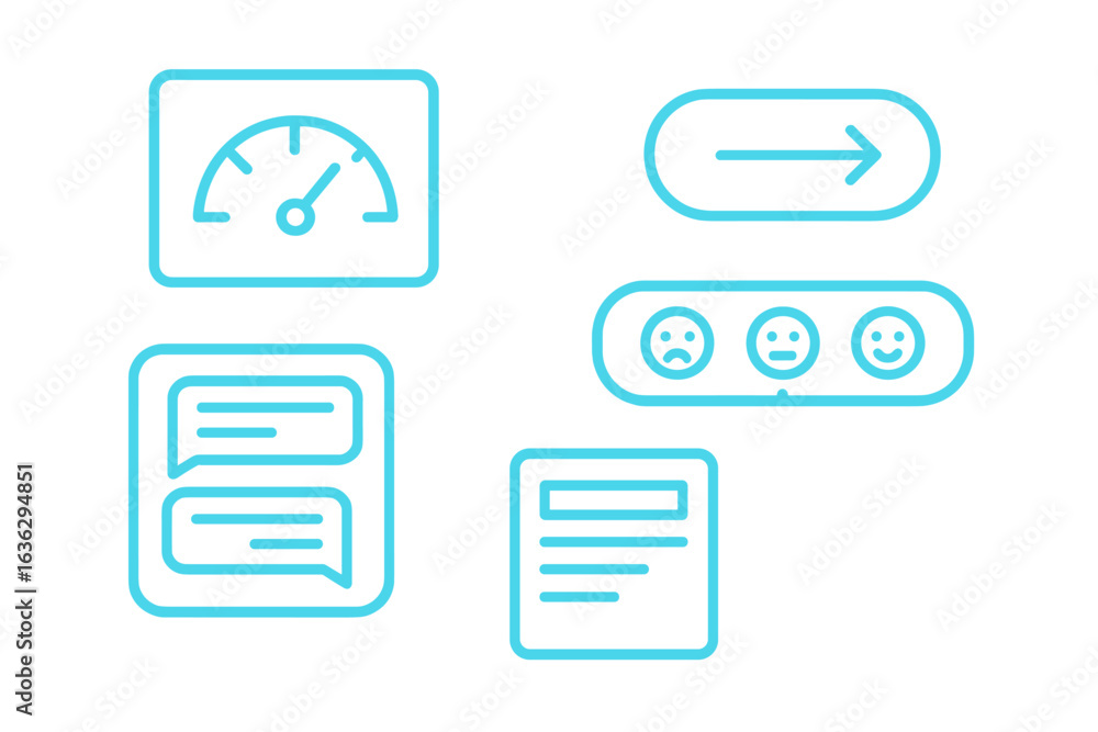 Poster user interface elements showcasing data representation, communication tools, and feedback options in