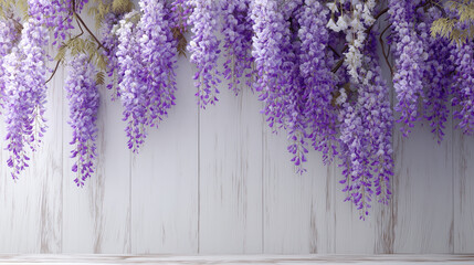 Close-up of Purple Wisteria Flower Clusters Against Soft White, coffee place Background, copy space