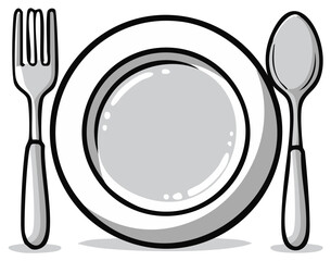 Grayscale vector illustration of a cartoon place setting with an empty plate, fork, and spoon