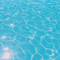 Serene blue swimming pool water reflects sunlight, creating tranquil and inviting atmosphere. gentle ripples enhance beauty of scene, evoking relaxation and peace