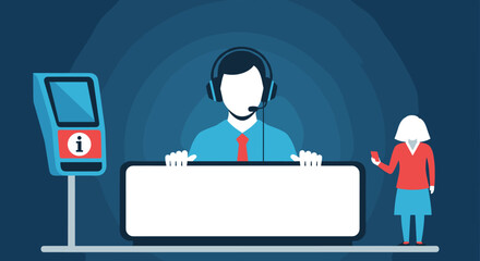 Customer service representative assisting a client with information and support at a desk with a digital display