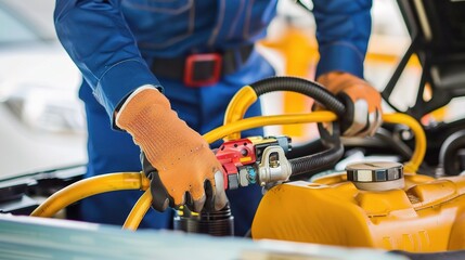 Compressor repairman working on a faulty air compressor, using tools like gauges and wrenches to diagnose issues, checking hoses and valves, wearing safety gloves and a work uniform