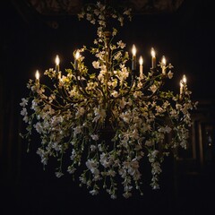 Blossoms hanging from a chandelier in a dark room