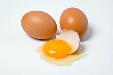 Brown eggs on white surface, featuring one broken egg with vibrant yellow yolk and egg white spilling out, creating fresh and inviting scene