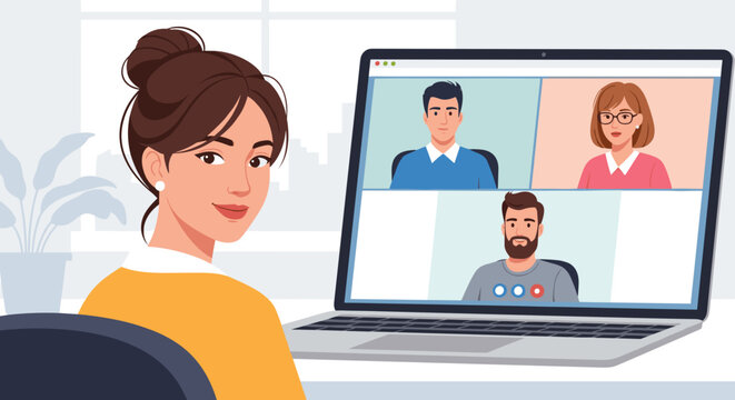 Cheerful Woman Attending Virtual Meeting with Coworkers on Laptop Screen, Remote Work Concept.