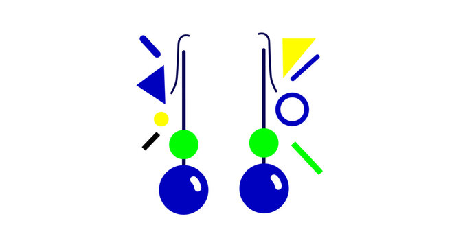 Vibrant abstract geometric dangle earrings with blue and green spheres and colorful shapes