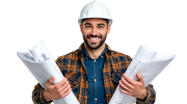Construction worker smiling, holding blueprints, white isolate background
