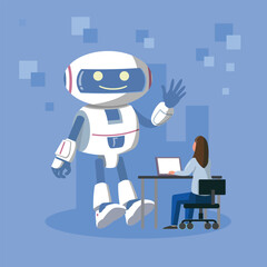 Woman Working with AI Robot Assistant, Vector Illustration