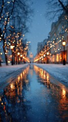 Nighttime winter walk with glowing lights along a snowy street reflecting in water puddles