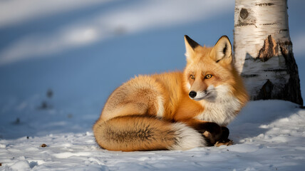 A beautiful red fox rests peacefully in a snowy, sunlit forest clearing.