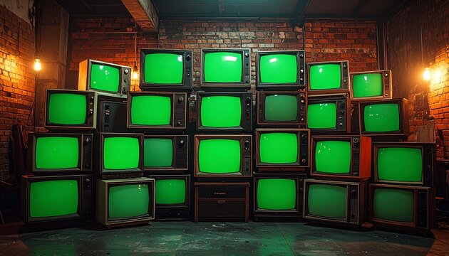 Stack of vintage TVs with green screens against brick wall, retro media concept