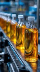 Bottling process of golden liquid on assembly line in a modern production facility