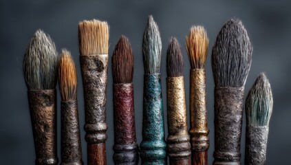 Row of used paintbrushes, various shapes and colors
