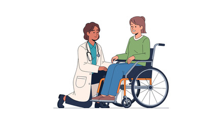 Compassionate Doctor Comforting Patient in Wheelchair: Healthcare Support and Empathy Illustration on White Background