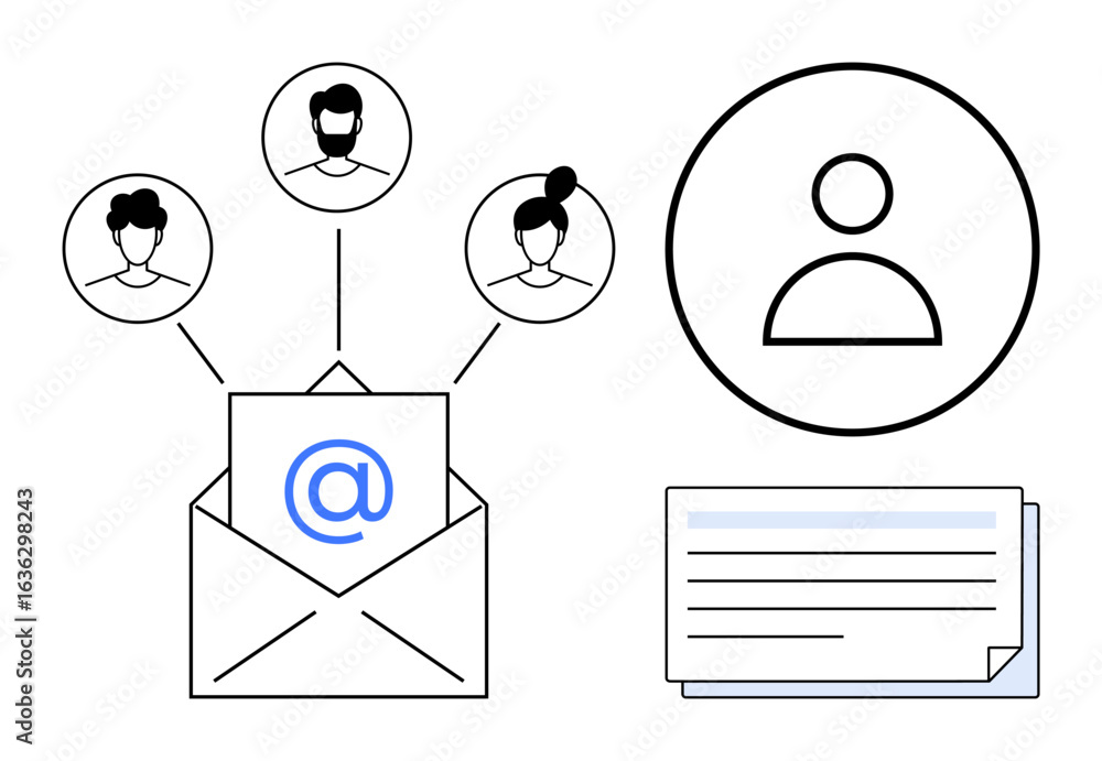 Poster envelope with email symbol linked to three user profiles, a user icon, and contact details. ideal fo
