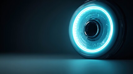 A futuristic mechanical eye with neon blue light shining on a minimalist dark background, showcasing sci-fi aesthetics and advanced technology concepts.