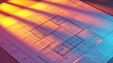 Illustration of architectural blueprint for a house plan, illuminated by dramatic sunlight and shadows
