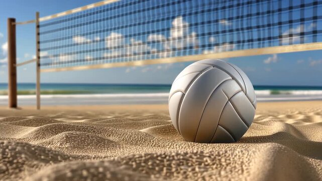 Players engage in an exciting beach volleyball match as waves crash nearby, creating a vibrant and lively atmosphere