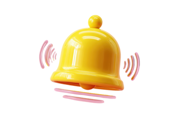 Yellow notification bell with sound waves isolated on transparent background