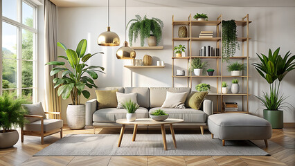 Bright and airy living room filled with lush green houseplants creating a serene and inviting atmosphere with natural light streaming through the large window