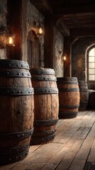 Wooden barrels in a rustic cellar illuminated by warm lights creating an inviting atmosphere