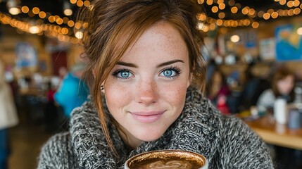 Smiling Young Administrative Assistant Enjoying Latte Art Coffee Break at Cozy Cafe Warm Light Portrait of Beautiful Redhead with Freckles in Relaxed Setting Beverage Cup Mockup