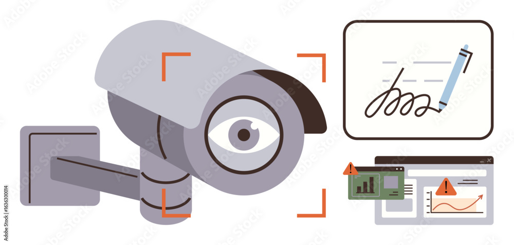 Poster security camera with focused eye overlay, document with signature and pen, warning signs, and data c
