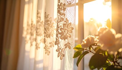 Sunlight Streaming Through Lace Curtains with Flowers